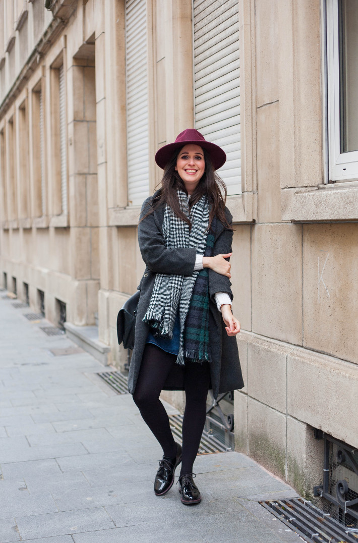 outfit: layering with wide brim hat, oversized scarf and long winter coat