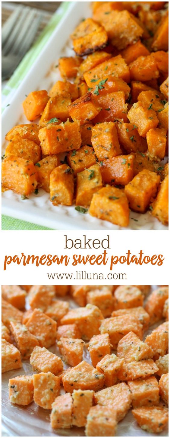 Baked Parmesan Sweet Potatoes - my new favorite side dish recipe. Takes minutes to make and tastes AMAZING!!