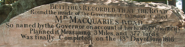 Inscription on Mrs Macquarie's Chair, also called Mrs Macquarie's Seat, Royal Botanic Gardens.