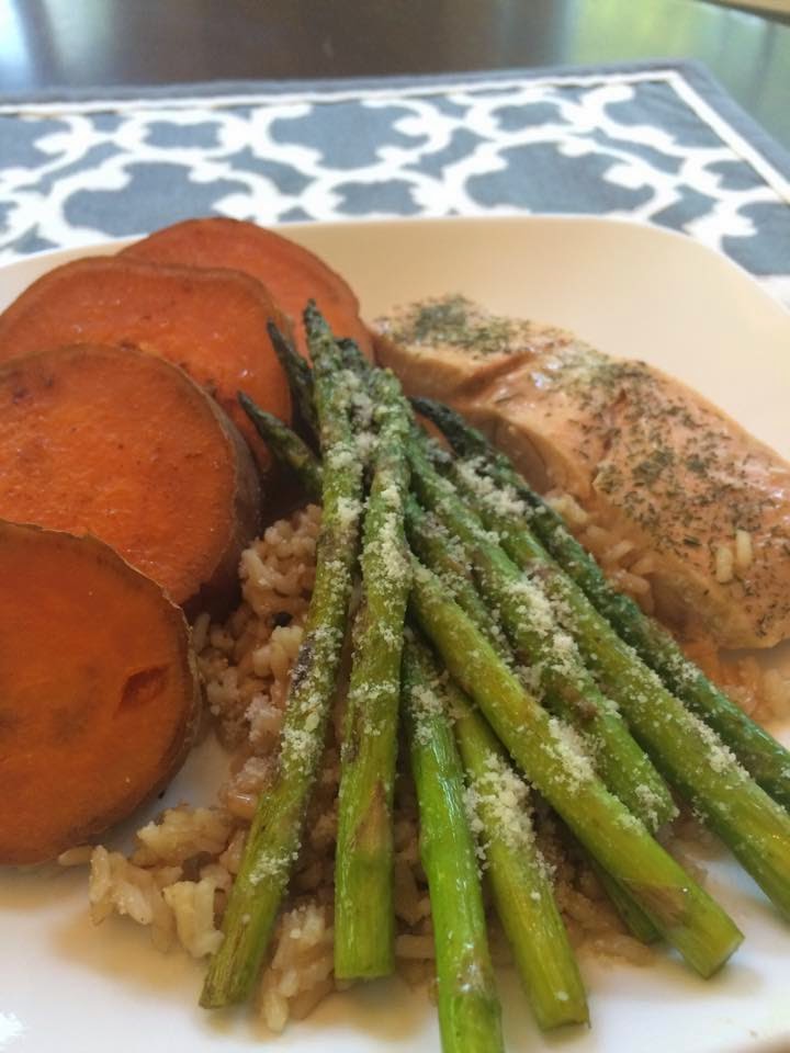 Salmon, Asparagus with garlic/sprinkle of Parmesan, Brown Rice, Sweet