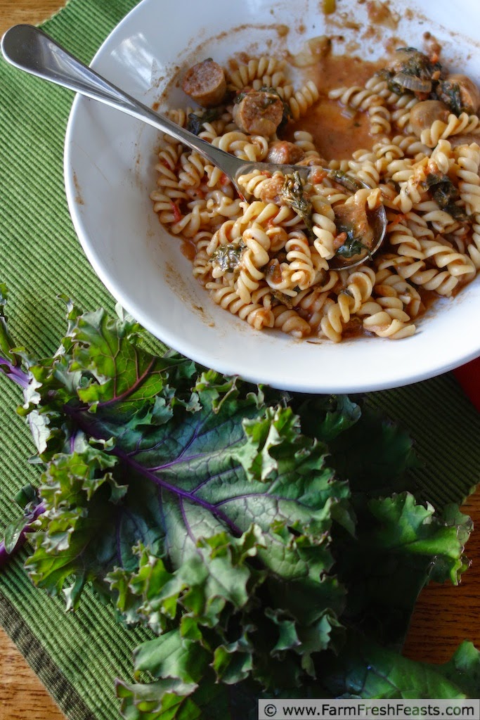 Red Russian kale and turkey sausage flavor a tomato cream sauce in this kid-friendly pasta.