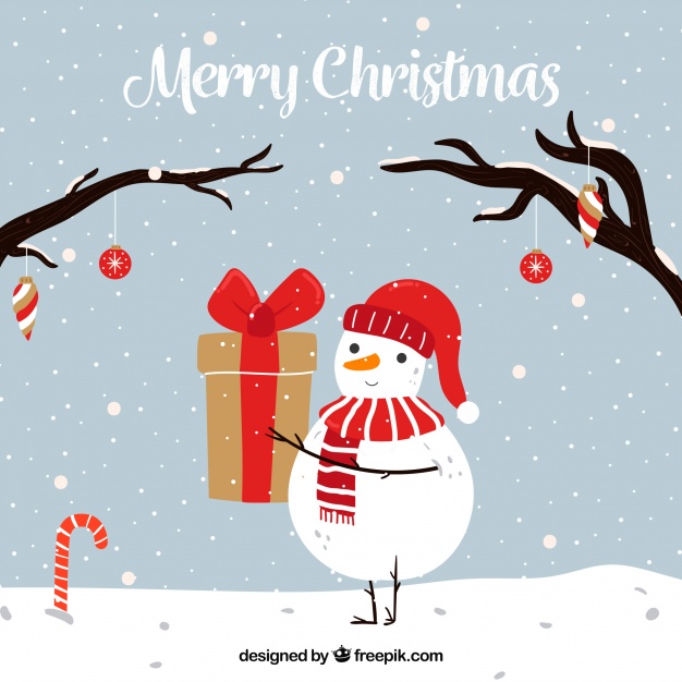 Hand drawn merry christmas with snowman Free Vector