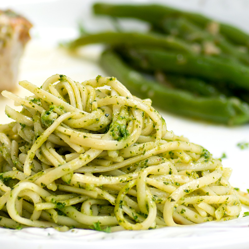 Savoring Time in the Kitchen Grilled Halibut and Kale Pesto Pasta.