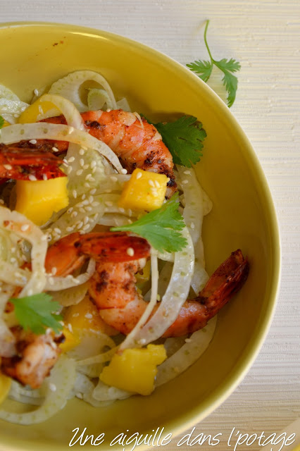 Salade de fenouil, mangue et crevettes au garam masala