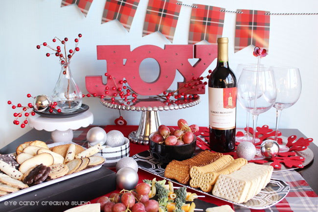 holiday pairings, joy, plaid table, holiday party tips, entertaining ideas