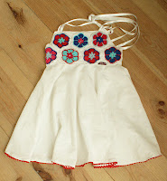 circle skirt, dress, flowers, crochet, blue, red
