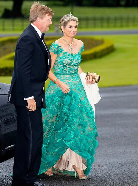 Queen Maxima wore a green lace gown by Jan Taminiau. Lace dress by Dutch designer Jan Taminiau. Green diamond earrings, tiara, necklace