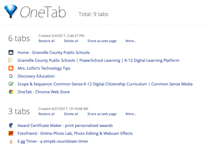 Mrs. Loftin's Technology Tips: OneTab Extension to Manage All Your Open  Tabs in Chrome or Firefox