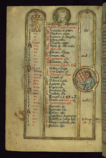 Calendar for August from a thirteenth-century psalter produced in the diocese of Augsburg.  Illuminated, and decorated with images of a tonsured man and a young woman, representing the astrological sign virgo. Walters Art Museum, MS W.78, fol. 6v.