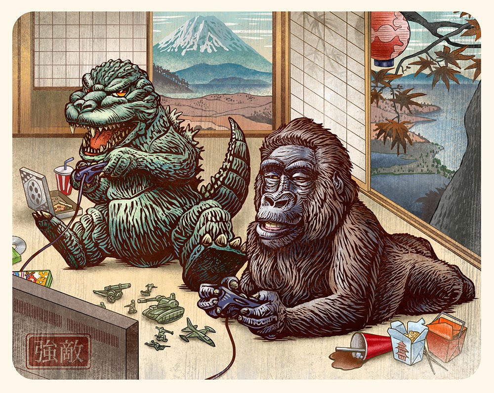 Guzu Gallery presents Strange Beasts 2 A Tribute to the King Group Art Show - Boss Battle (Godzilla vs. King Kong) by Chet Phillips
