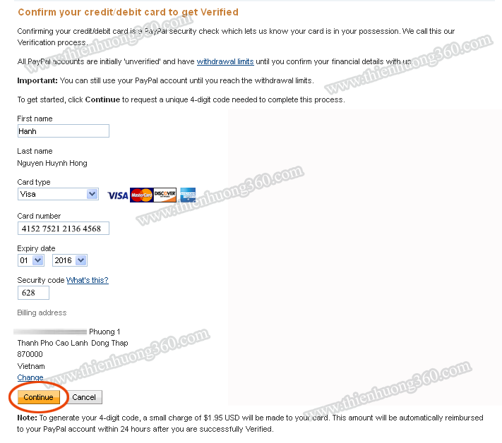 Điền đầy đủ thông tin thẻ Visa Prepaid để xác thực tài khoản Paypal