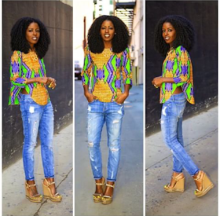 Beautiful Ankara Tops For Jeans For Ladies, ankara tops for jeans, stylish ankara tops, beautiful ankara designed tops for ladies on jeans, stylish ankara tops