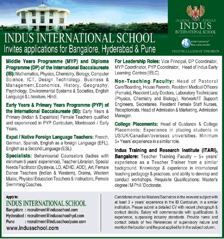 Indus International School, Bangalore, Wanted Teachers / Vice Principal