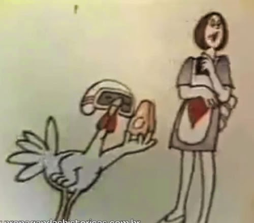 Propaganda da Sadia com o mascote Lequetreque em traços primários, nos anos 70.