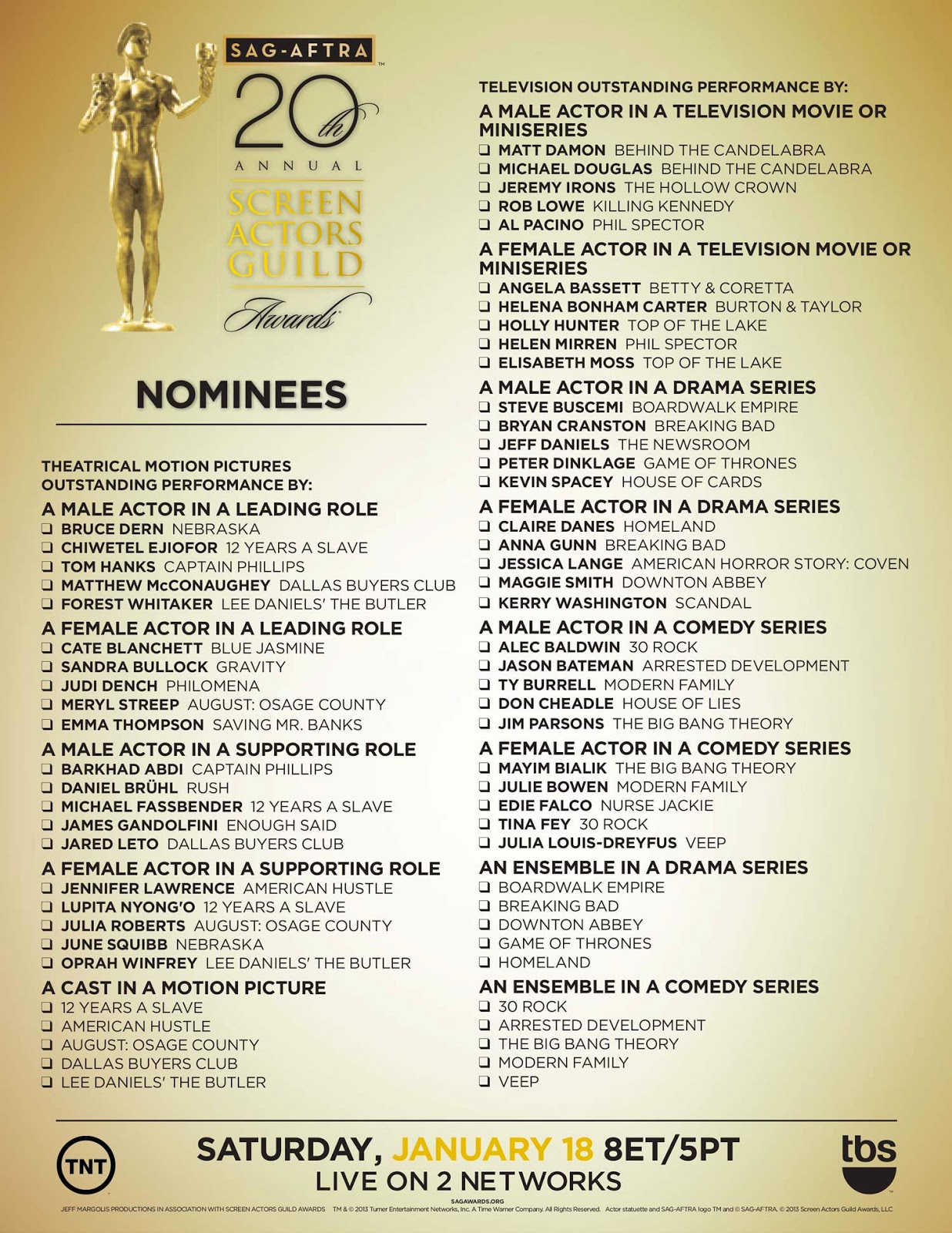 20th SAG Awards printable ballot (2014) The Gold Knight Latest