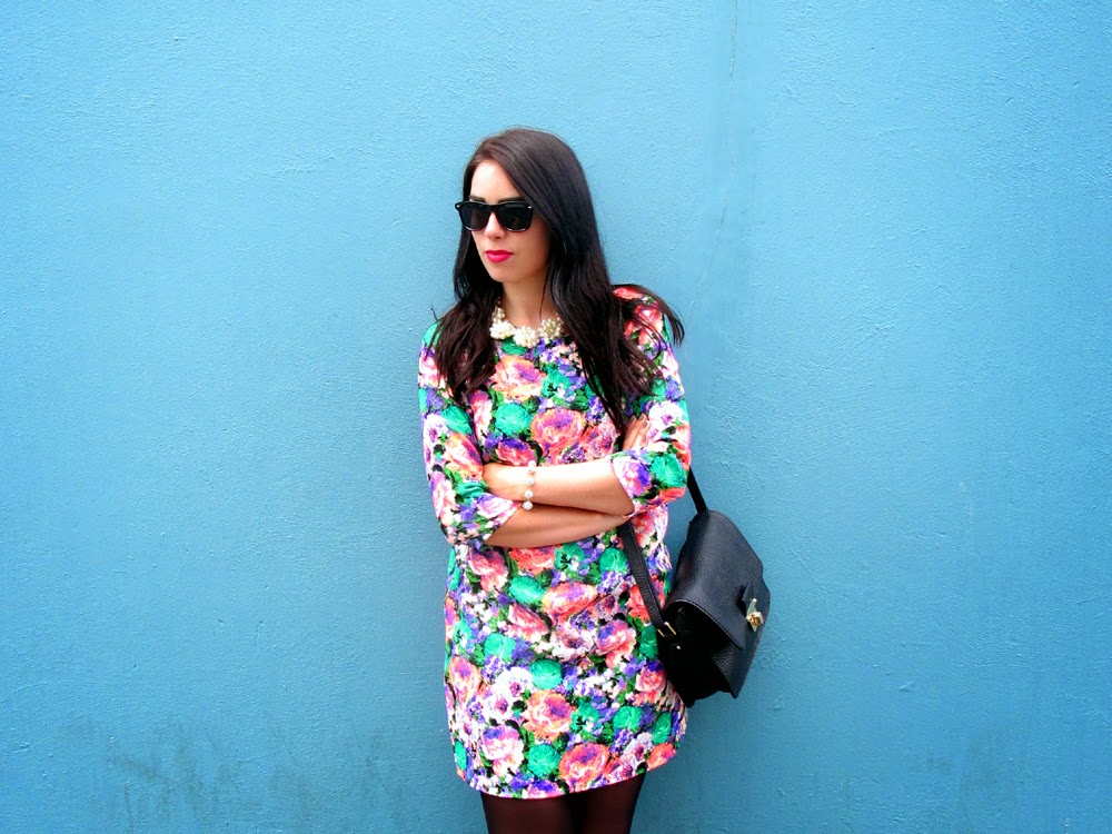 London fashion blogger Emma Louise Layla neon floral print dress and pearl necklace