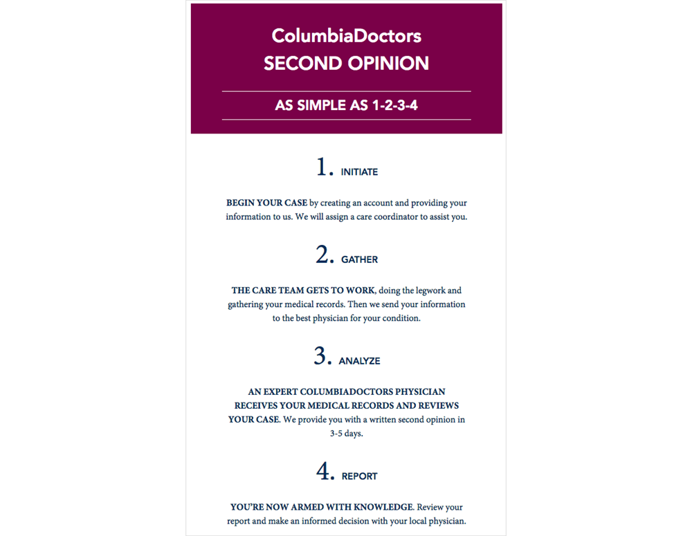 The Columbia Doctors website uses creative typography to explain its second opinion service clearly.