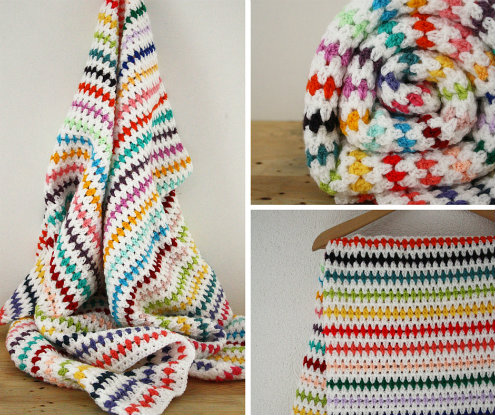 Crochet rainbow blanket, free pattern. Diamond stitch. Pattern and photo by Happy in Red Crochet rainbow blanket, free pattern. Diamond stitch. Pattern and photo by Happy in Red