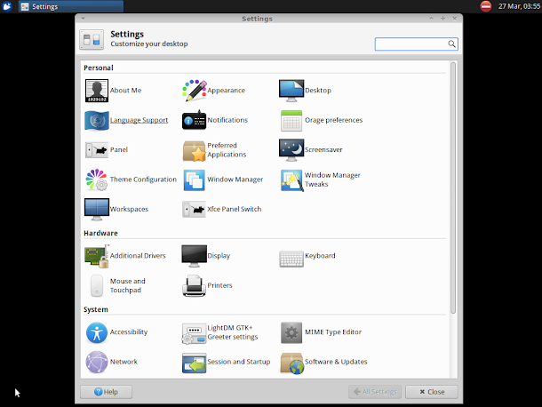 UbuntuBSD Xfceの設定画面。Windowsのコントロールパネルに相当する機能があります。