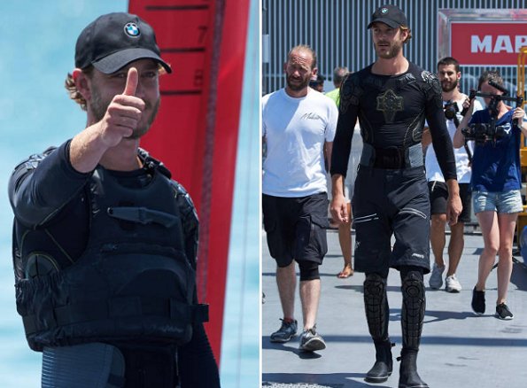 Pierre Casiraghi and Beatrice Borromeo in Palma de Mallorca. Beatrice Borromeo wearing a orange maxi dress