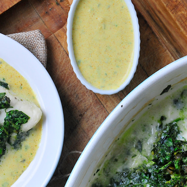 Simply Gourmet Oven Poached Halibut with Spinach, Parsley, and Capers