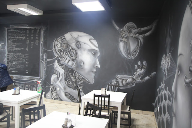 Mural UV Malowidło ścienne w kawiarni, robot, biomechanika w klubie, mural czarnobiały