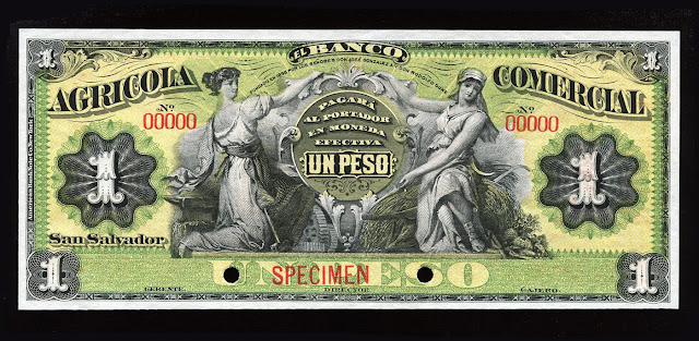 El Salvador specimen banknote El Banco Agricola Comercial  1 Peso
