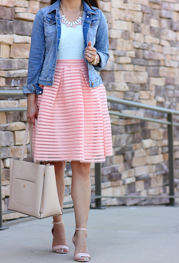 Ann Taylor signature pebbled tote BP leaf necklace BP luminate nude sandals Chicwish glam stripes cutout midi skirt in peach Loft petite denim jacket Loft scalloped lace tee peach flare skirt petite spring outfit Ily Couture double wrap pearl bracelet