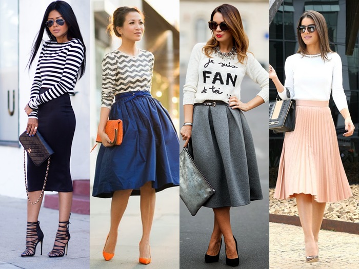 saia midi com blusa de manga longa