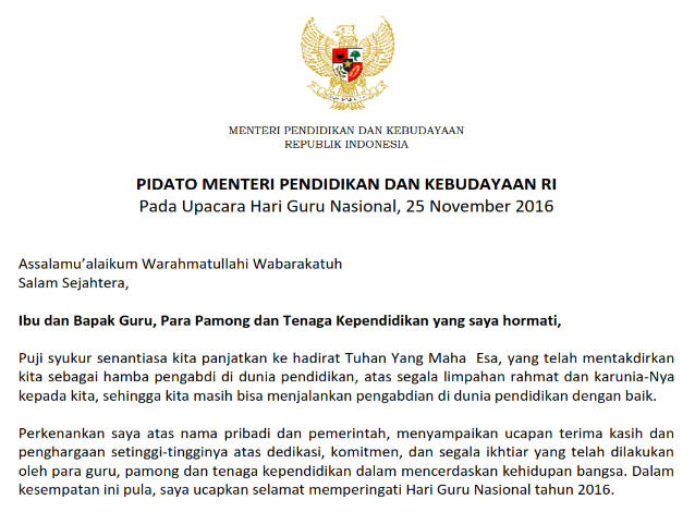 Pidato Sambutan Resmi Mendikbud Ri Dalam Upacara Bendera Peringatan Hari Guru Nasional Hgn Dan Hut Pgri Ke 71 Tahun 2016 Salam Edukasi