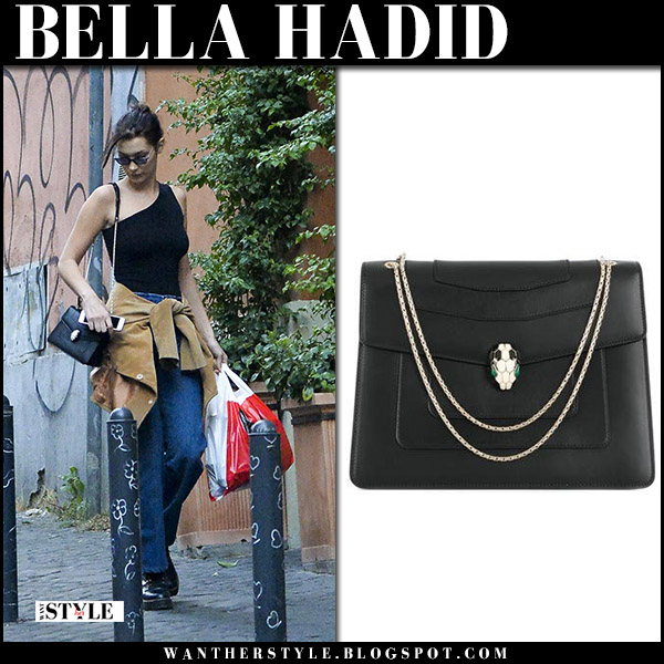 Bella Hadid with black leather shoulder bag from Bvlgari in Rome on