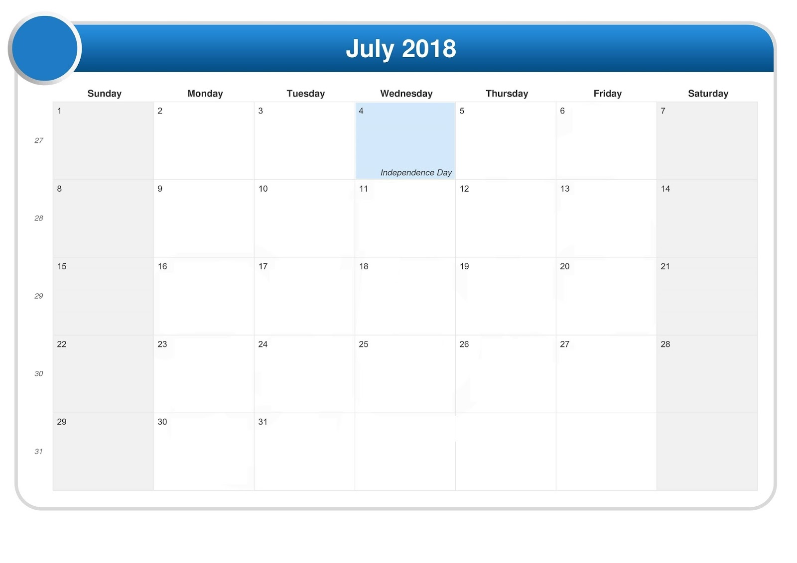 blank calendar for july 2018