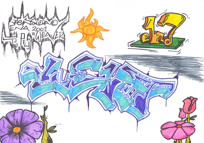 Kent letters. Blue and Cyan with ENA small style at the top right. Original naive, vintage graffiti sketch on copy paper by Kostas Gogas (akney), signed as Kent from his first Folder, 2001. ENA graffiti crew.