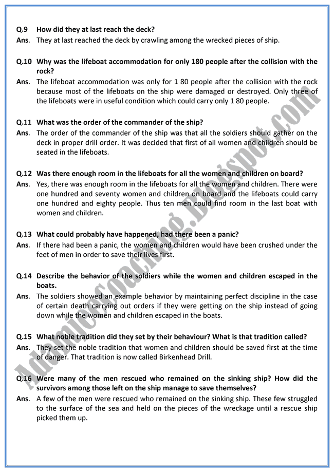 Adamjee Coaching English XI [Birkenhead Drill] Short Question Answers