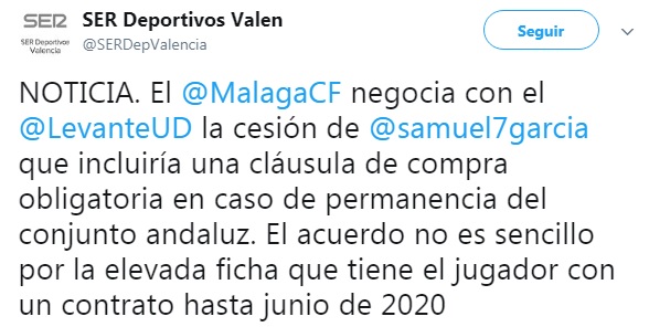 Cadena Ser Valencia: El Málaga negocia con el Levante la cesión de Samu García