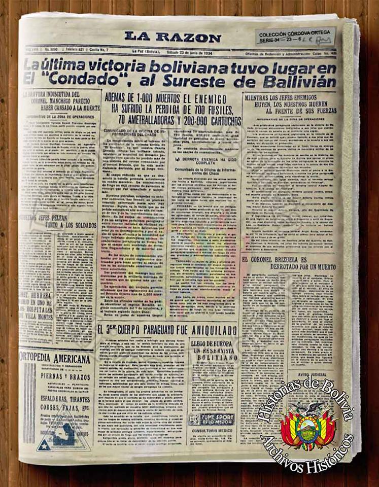 GUERRA DEL CHACO; VICTORIA BOLIVIANA, BATALLA DE EL CONDADO O PRIMER