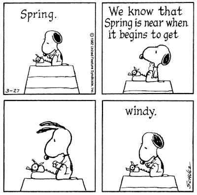 Image result for peanuts we know that spring is near when it begins to get windy comic