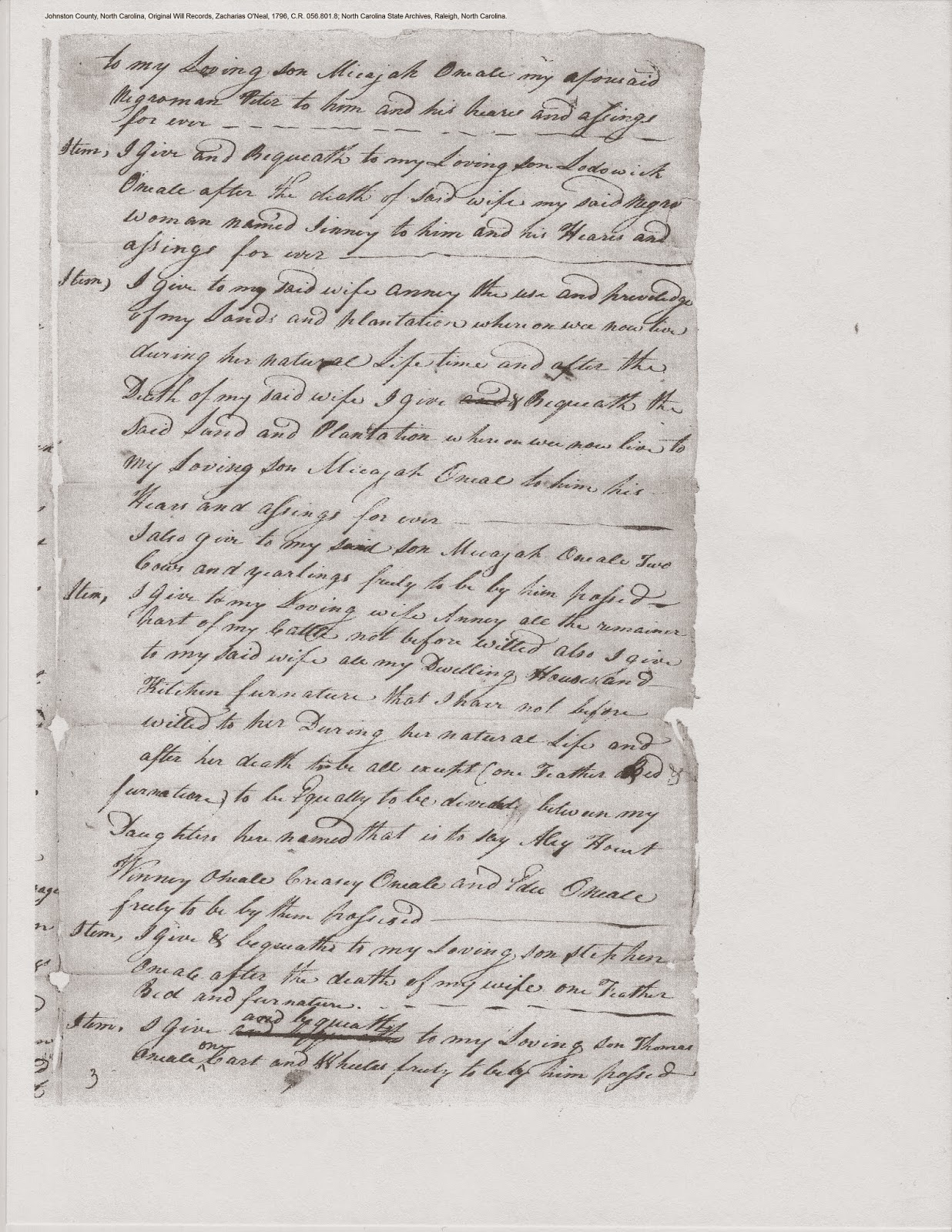 Zachariah O'Neal's will, Johnston Co., NC, 1796, p. 3