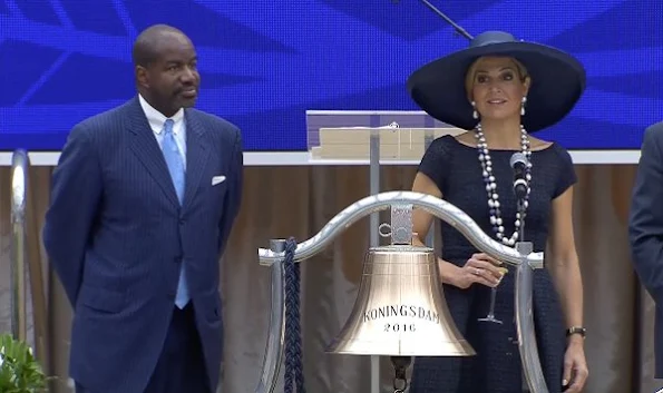 Dutch Queen Maxima baptizes the cruise ship MS Koningsdam at the harbour of Rotterdam. Queen Maxima wore Natan Dress, pumps