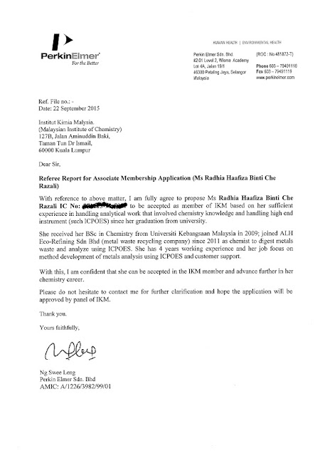 Contoh Referee Letters Untuk Permohonan MMIC(Member Of Malaysia Institute Of Chemistry)