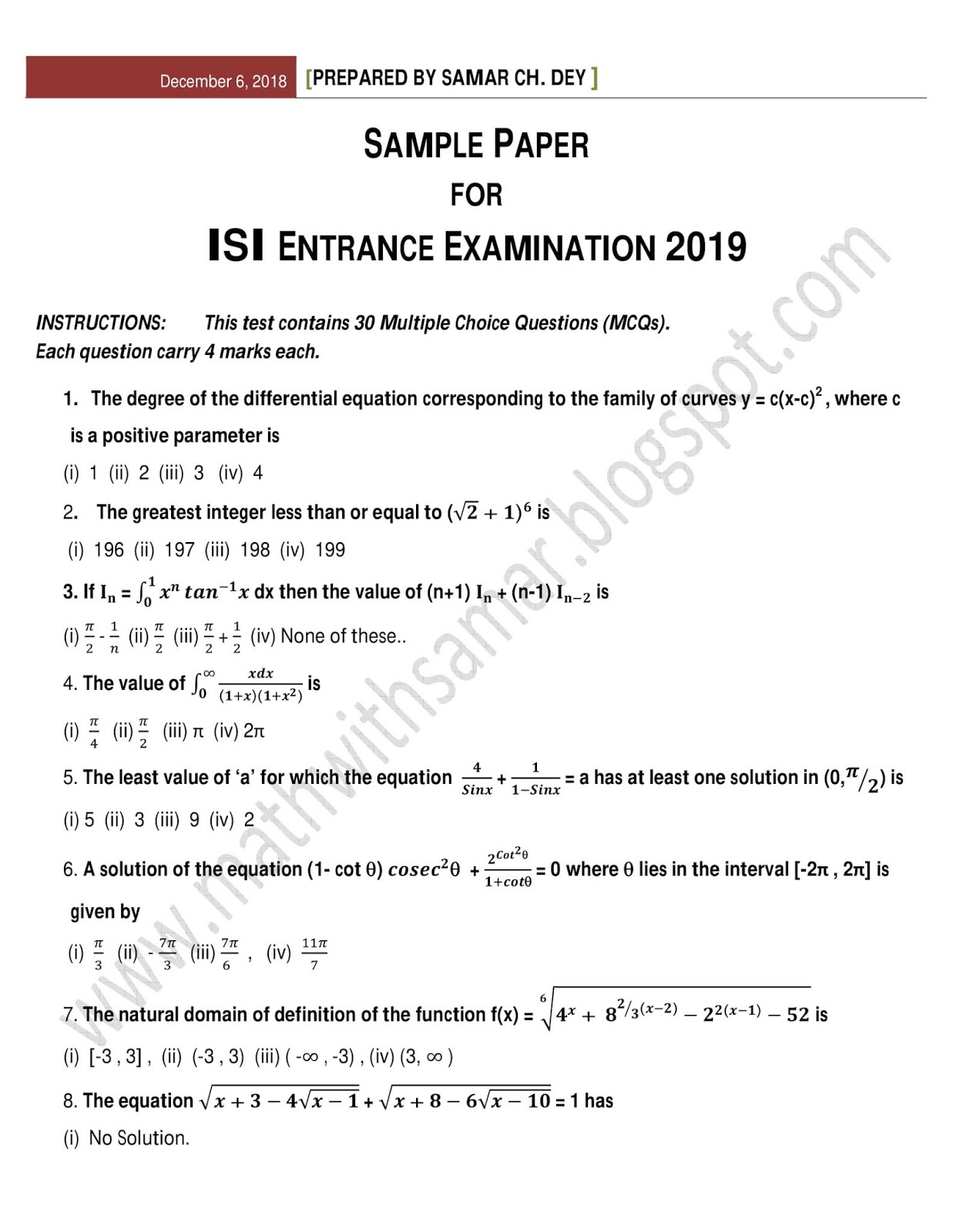 Sample Paper for ISI Entrance Examination 2019