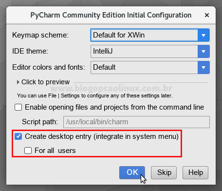 Tela de configuração inicial do PyCharm