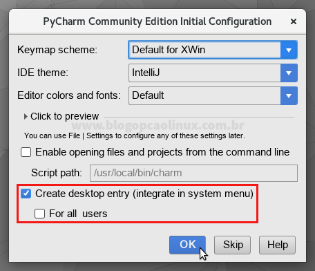 Tela de configuração inicial do PyCharm Tela de configuração inicial do PyCharm