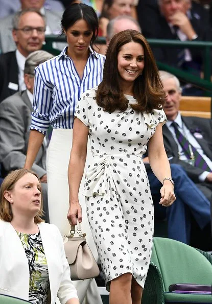 Kate Middleton wore a bespoke Jenny Packham dress. Meghan Markle wore Ralph Lauren Striped Cotton Shirt and Charmain Silk Wide leg Pant