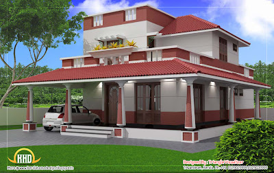 Traditional blend modern house elevation 3D render other side view - 186 Sq M (2000 Sq. Ft) - February 2012