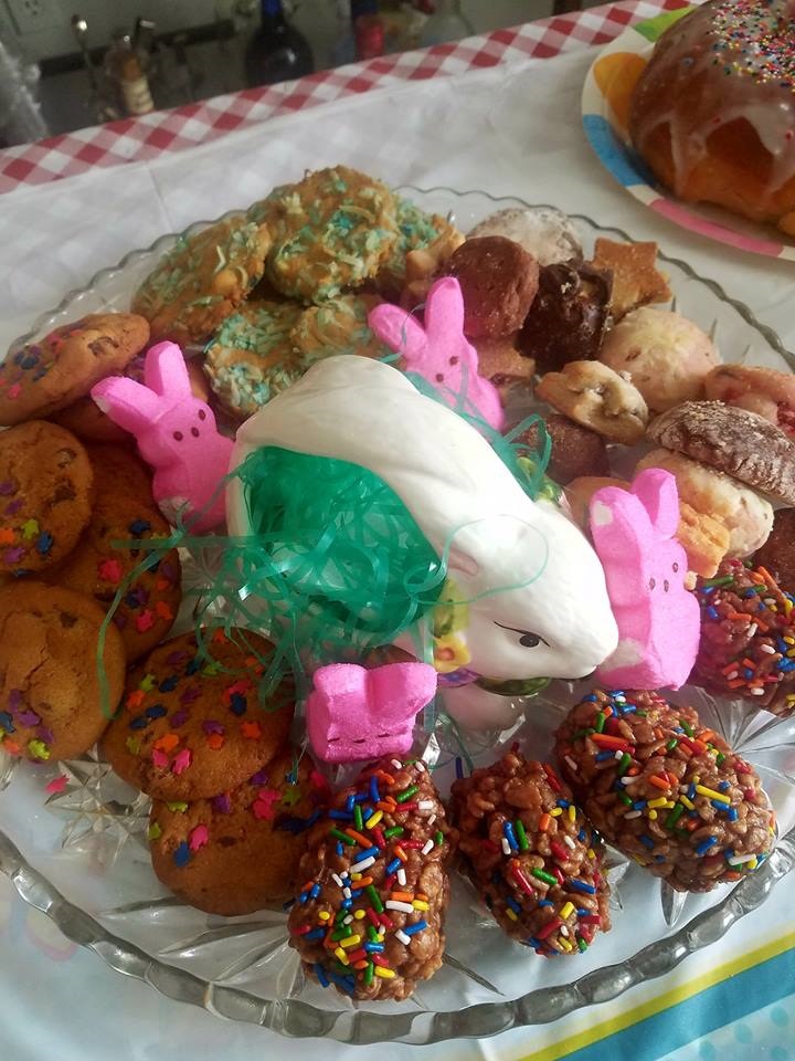 decorating with marshmallow peeps on a cookie tray