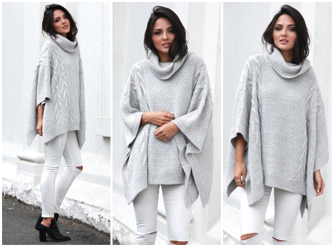 Niki Belle, Madison Square Bells Out Roll Neck Poncho Grey Niki Belle 2015 Fall Grey Long Sleeve Loose Sweater Poncho
