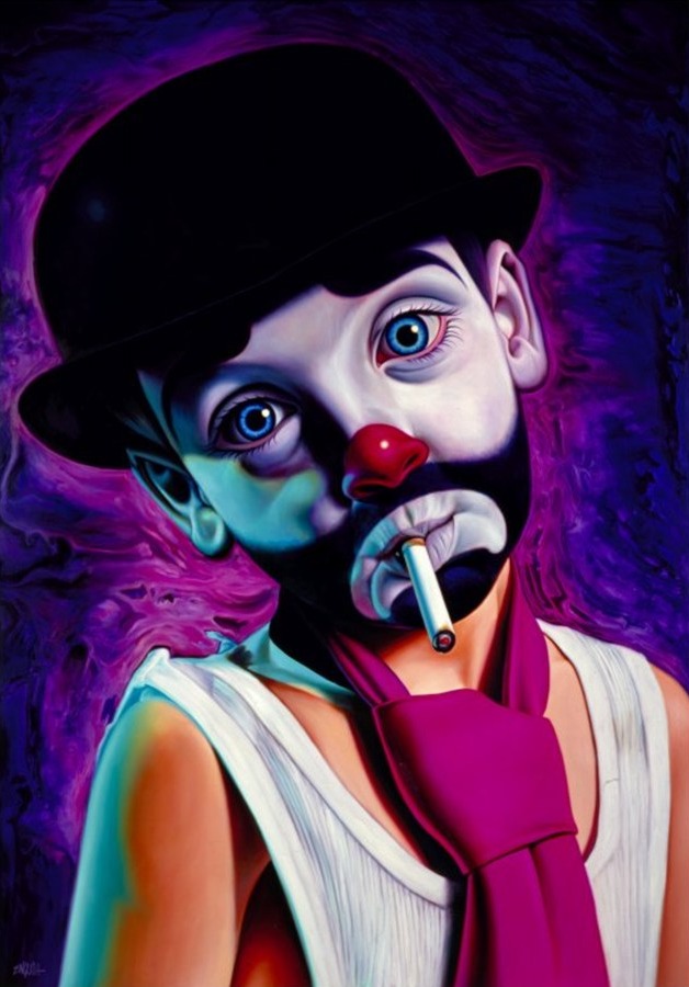 Ron English: Tramp Clown Boy -- Rygende dreng som vagabond-klown