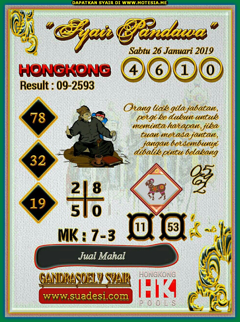 Syair HK Sabtu 26 Januari 2019 GOsyair SEDIA KODE SYAIR