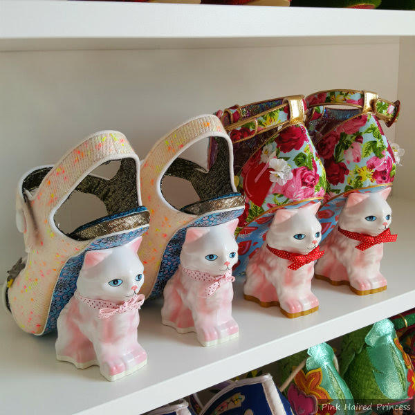 Irregular Choice Family Reunion kitten heel comparison row of cat heels on shelf to compare old with new version